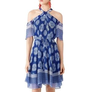 Revolve Shoshanna Blue Noriega Dress printed silk halter neck size 2